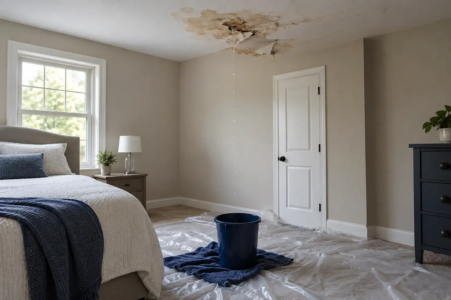 Water-stained bedroom ceiling with a leak collected below